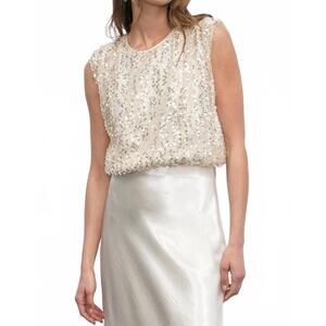 NEW GREYLIN liberty padded shoulder bubble hem sequin top in white